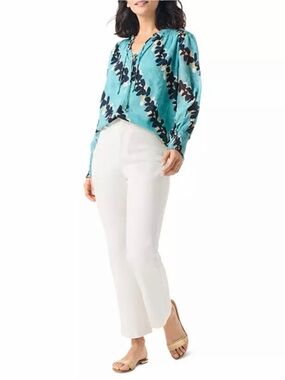 NWT Nic + Zoe Rolling Reef Ruffle Neck Ruched Long Sleeve Blouse in Aqua Multi